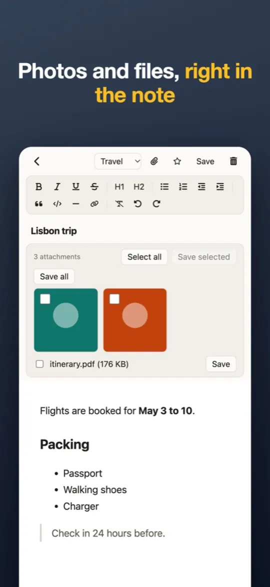 Photos and files attached to a note
