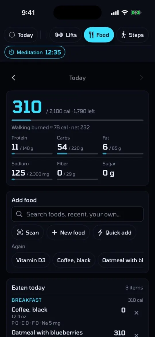 Food log with calories, macros and a barcode scanner