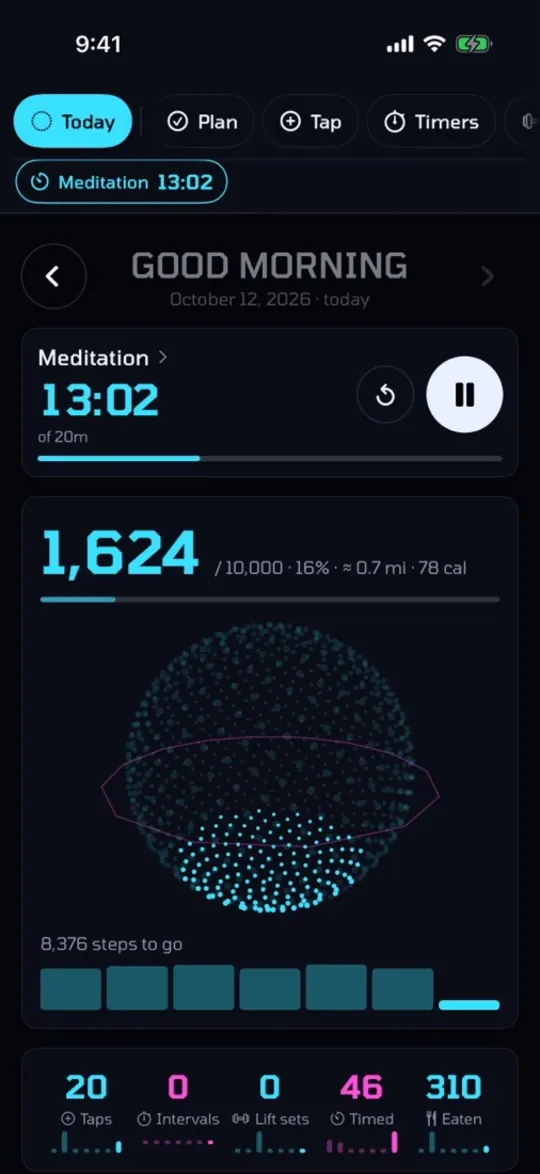 Today screen: steps, taps, timed minutes and food for the day