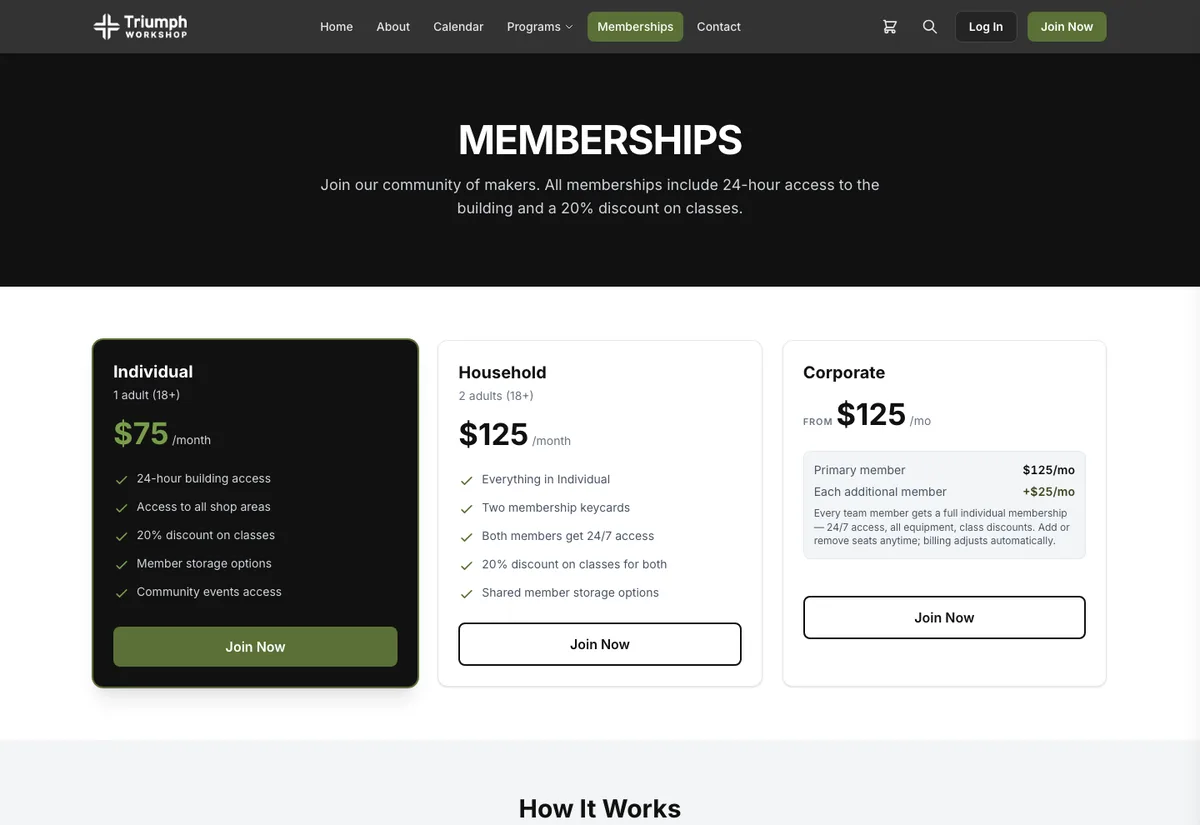 Triumph Workshop membership page with Individual, Household, and Corporate plans and their monthly prices.